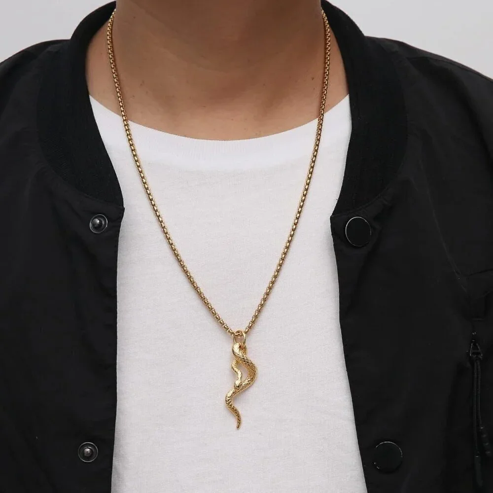 Gothic Men's Gold Stainless Steel Animal Snake Pendant Chain Necklace